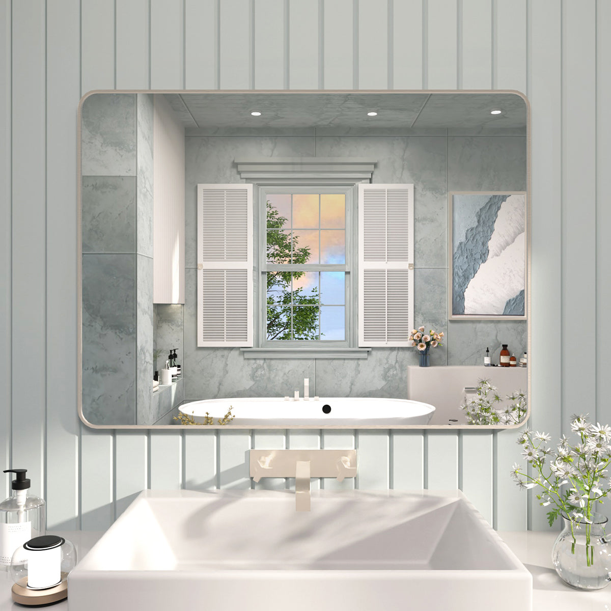 FMNP TaiMei 48 in. W x 36 in. H Rectangular Framed Wall Bathroom Vanity Mirror