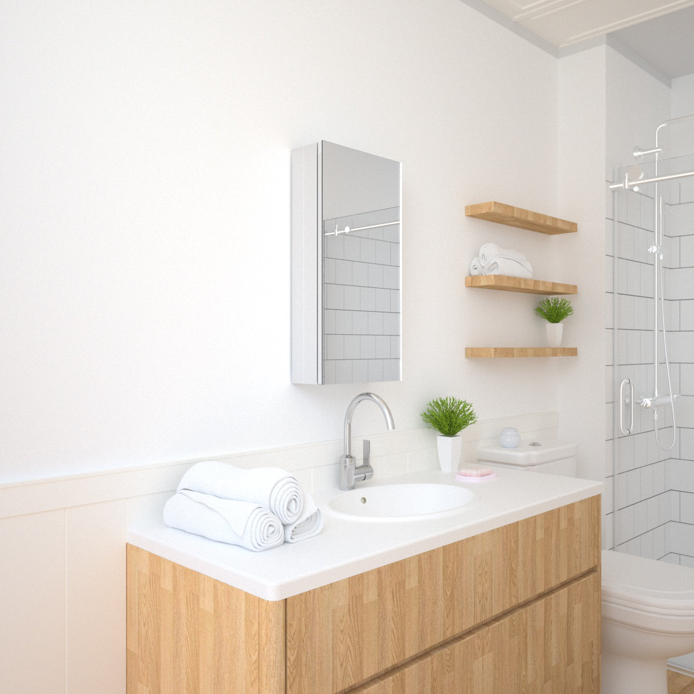TaiMei 12 in. x 24 in. Frameless Recessed or Surface-Mount Beveled Single Mirror Bathroom Medicine Cabinet