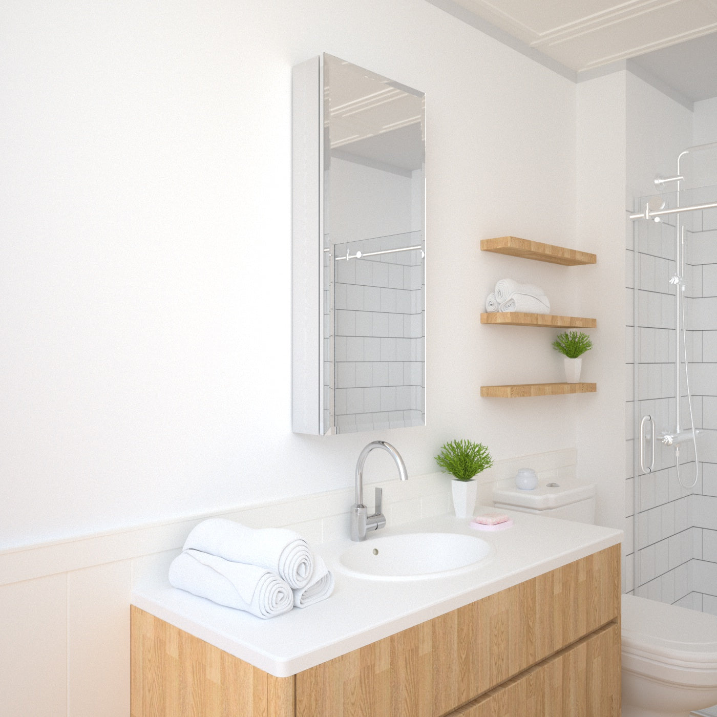 TaiMei 15 in. x 36 in. Frameless Recessed or Surface-Mount Beveled Single Mirror Bathroom Medicine Cabinet