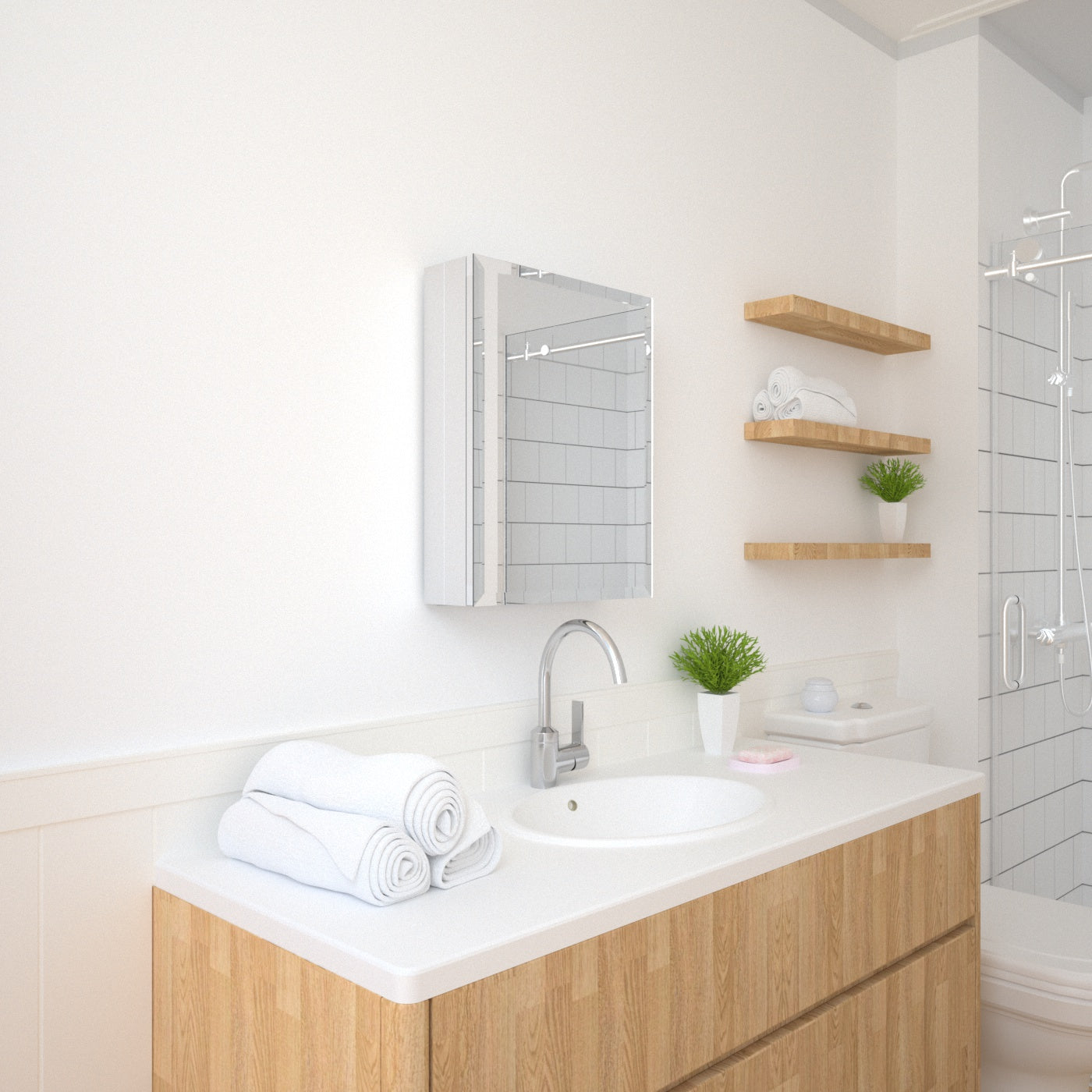 TaiMei 16 in. x 20 in. Frameless Recessed or Surface-Mount Beveled Single Mirror Bathroom Medicine Cabinet