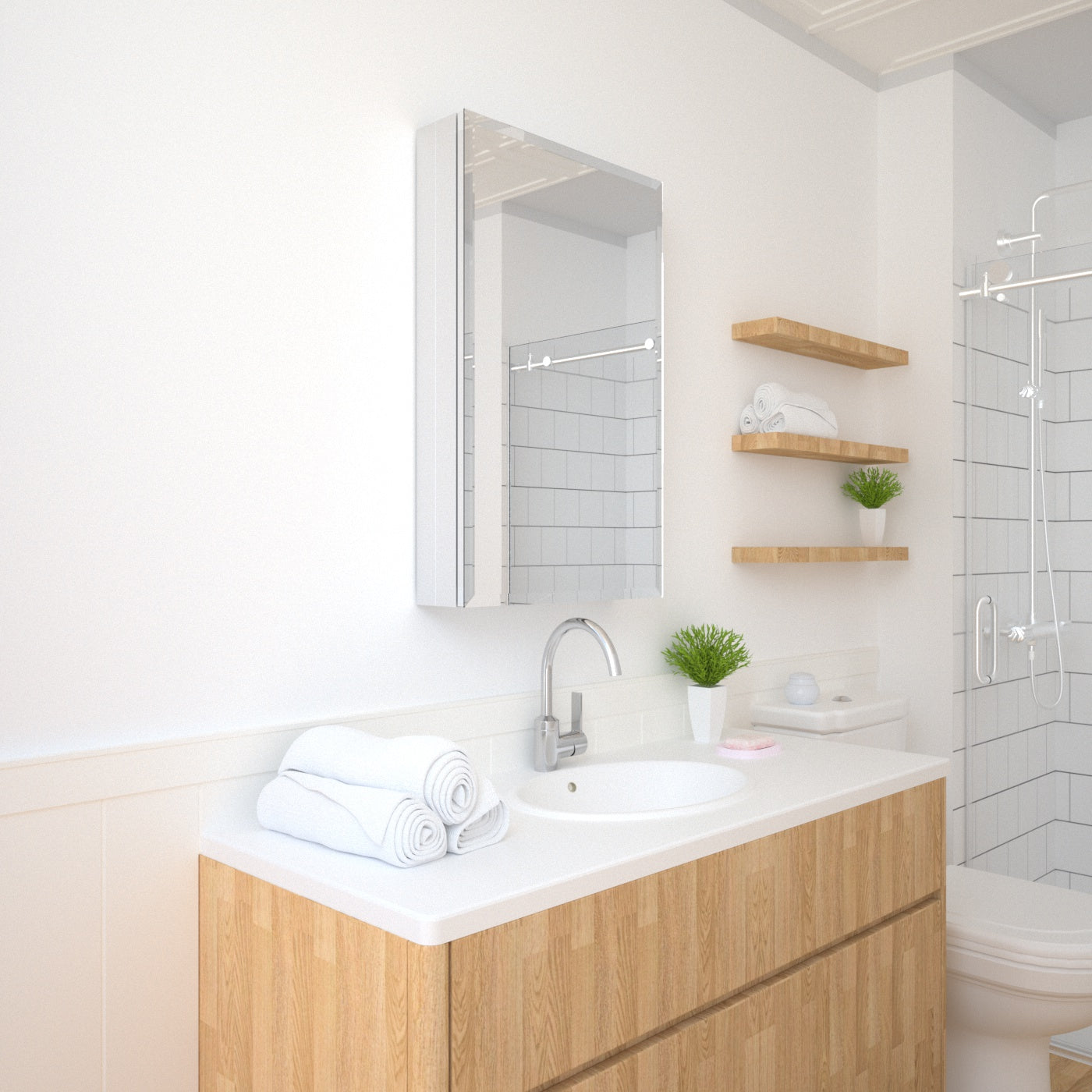 TaiMei 19 in. x 30 in. Frameless Recessed or Surface-Mount Beveled Single Mirror Bathroom Medicine Cabinet