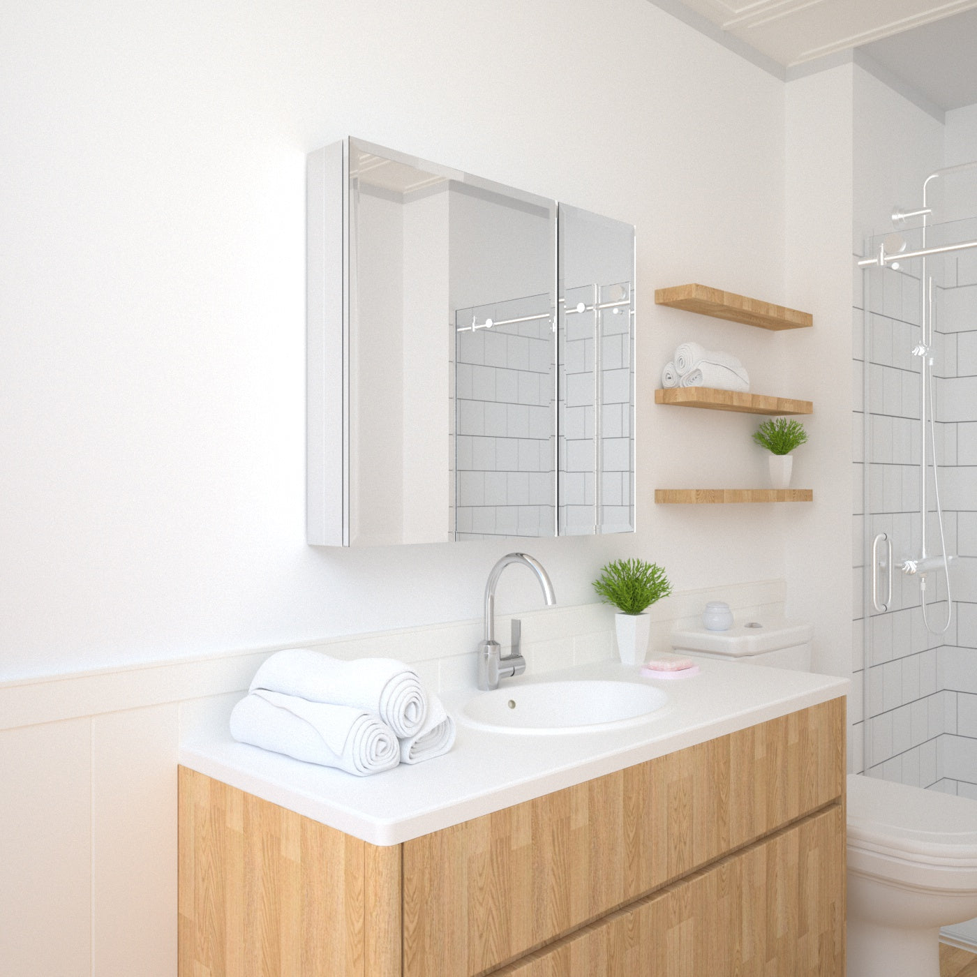 TaiMei 30 in. x 26 in. Frameless Recessed or Surface-Mount Beveled Double Mirror Bathroom Medicine Cabinet