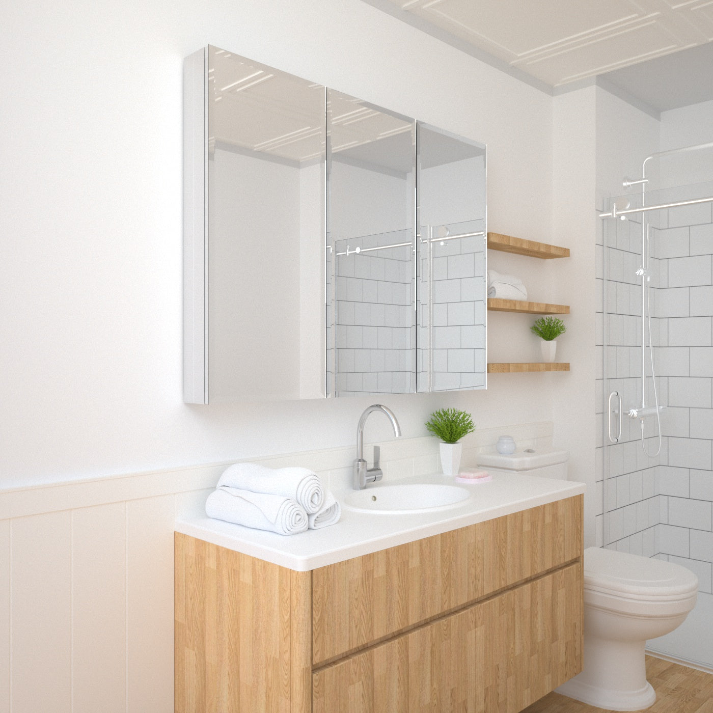 TaiMei 48 in. x 36 in. Frameless Recessed or Surface-Mount Beveled Triple Mirror Bathroom Medicine Cabinet