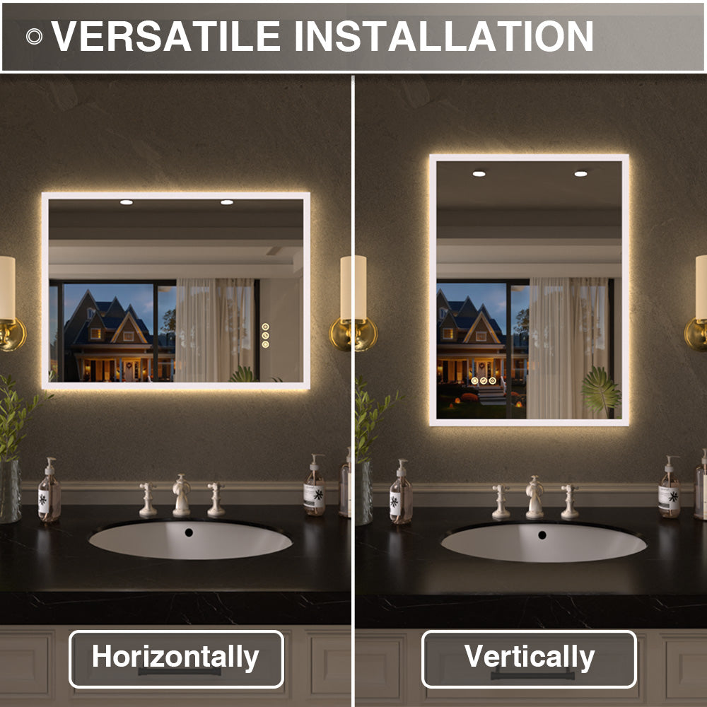 Shimmer Rectangular Frameless Anti-Fog LED Light Dimmable Wall Bathroom Vanity Mirror in Polished Crystal