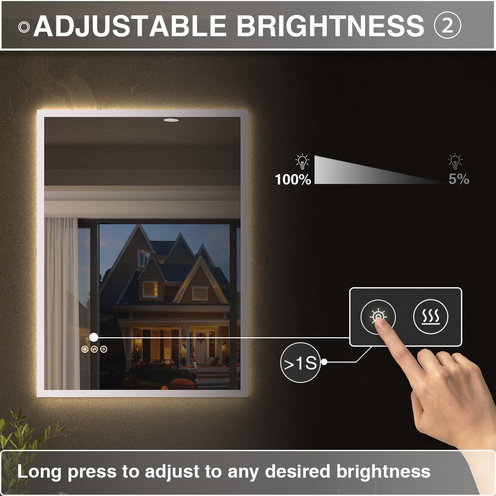 Shimmer Rectangular Frameless Anti-Fog LED Light Dimmable Wall Bathroom Vanity Mirror in Polished Crystal