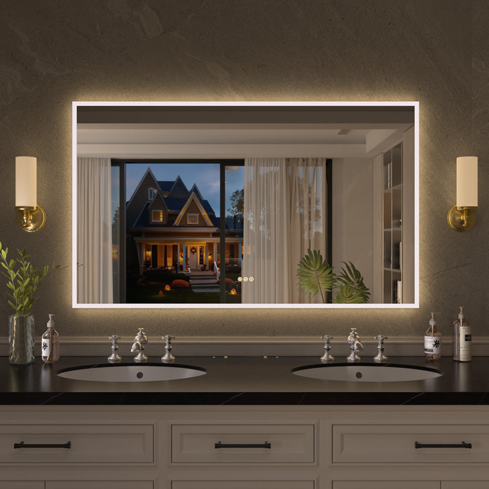 Shimmer Rectangular Frameless Anti-Fog LED Light Dimmable Wall Bathroom Vanity Mirror in Polished Crystal