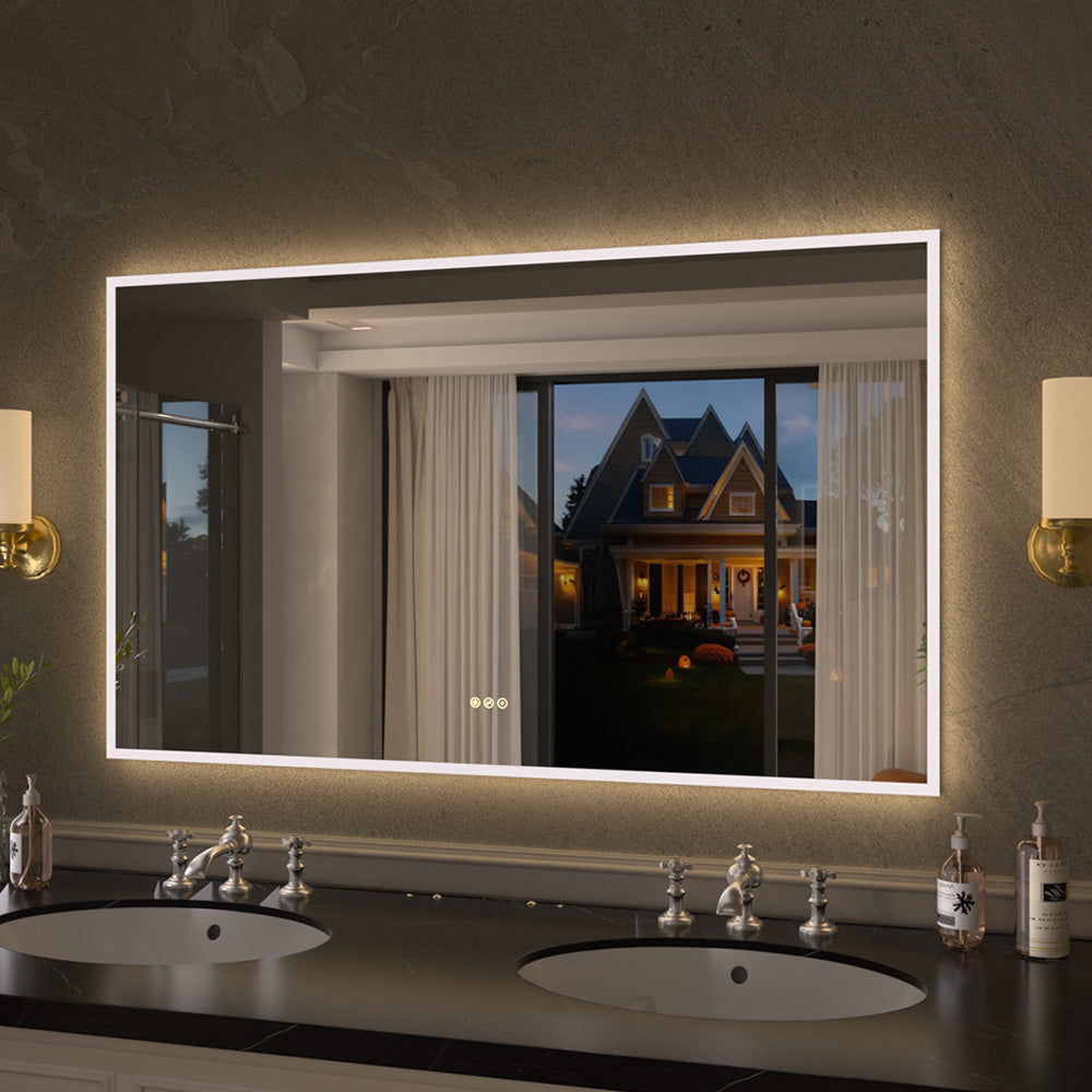 Shimmer Rectangular Frameless Anti-Fog LED Light Dimmable Wall Bathroom Vanity Mirror in Polished Crystal