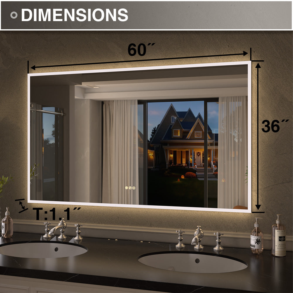 Shimmer Rectangular Frameless Anti-Fog LED Light Dimmable Wall Bathroom Vanity Mirror in Polished Crystal