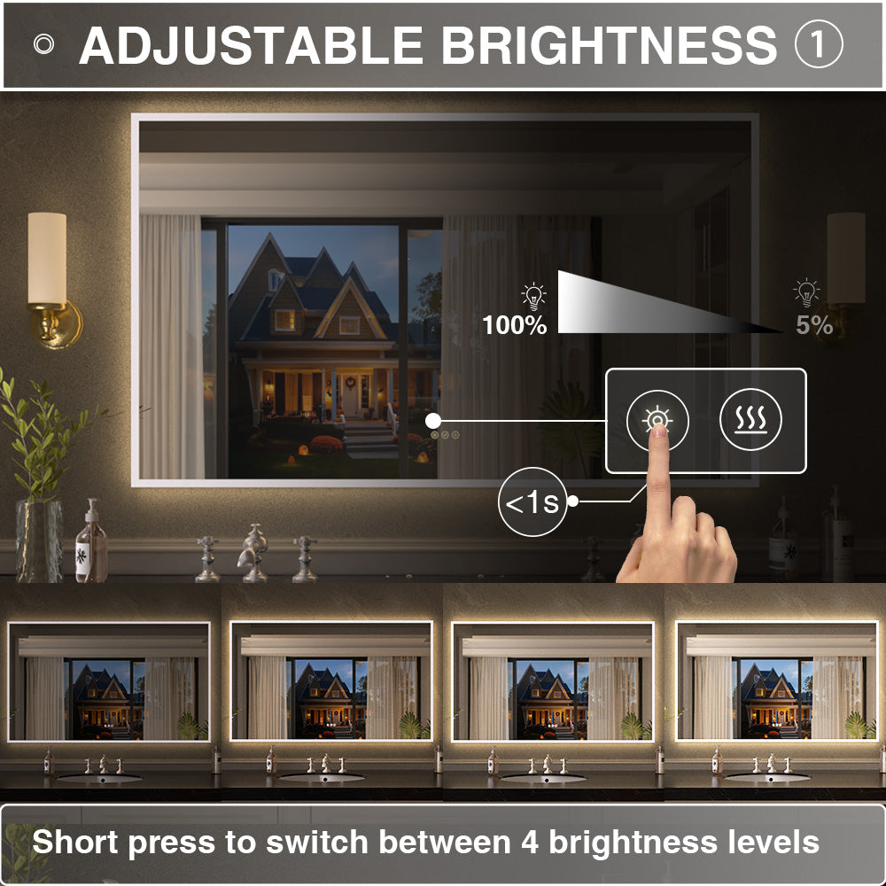 Shimmer Rectangular Frameless Anti-Fog LED Light Dimmable Wall Bathroom Vanity Mirror in Polished Crystal