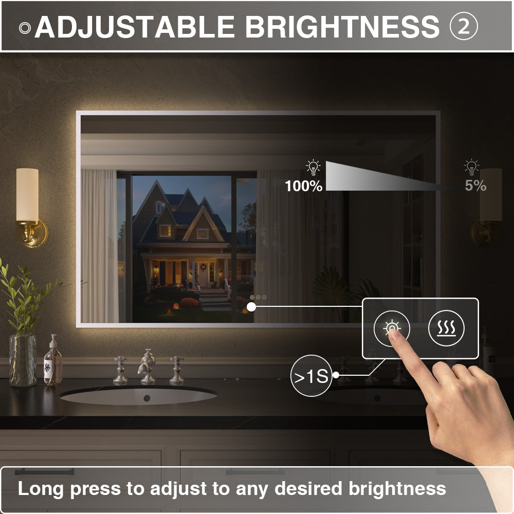 Shimmer Rectangular Frameless Anti-Fog LED Light Dimmable Wall Bathroom Vanity Mirror in Polished Crystal