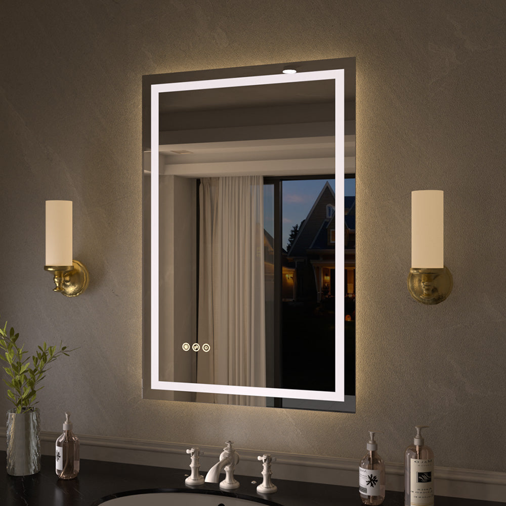 Flicker Rectangular Frameless Anti-Fog LED Light Dimmable Wall Bathroom Vanity Mirror in Polished Crystal
