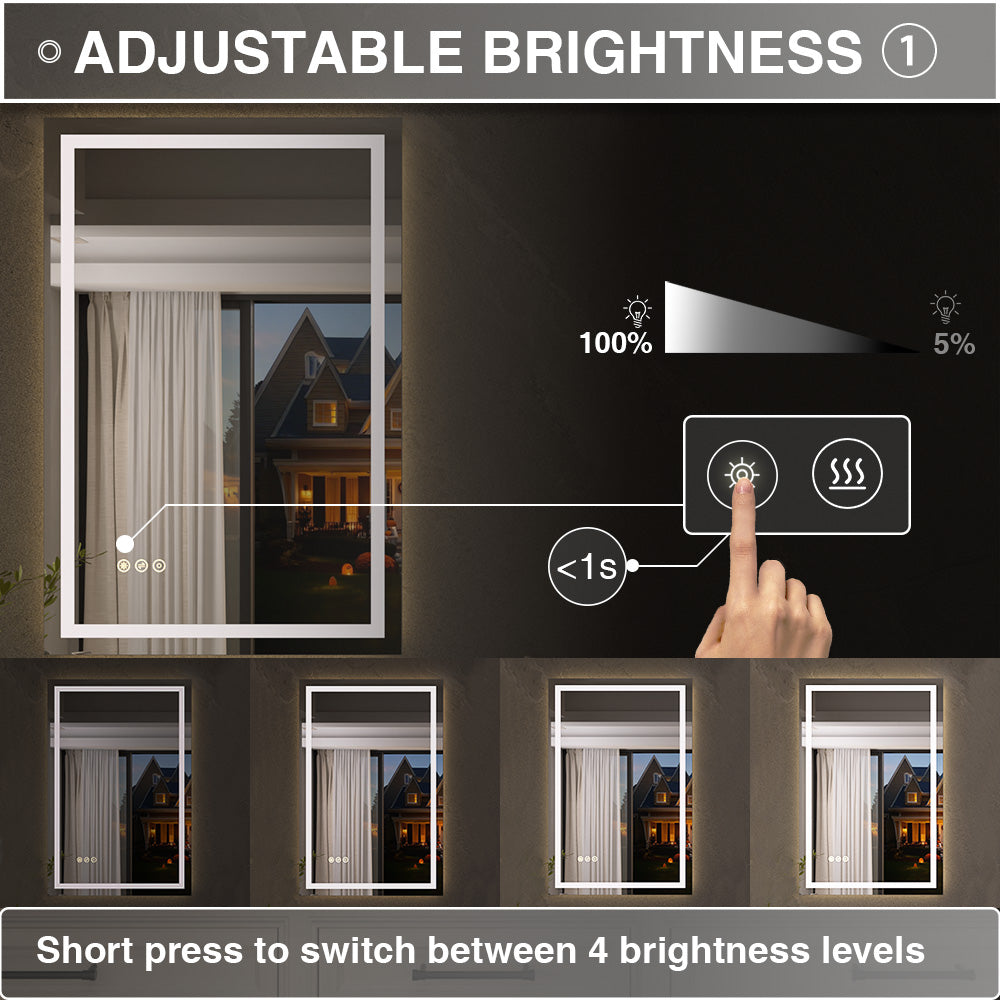 Luma Rectangular Frameless Anti-Fog LED Light Dimmable Wall Bathroom Vanity Mirror in Polished Crystal