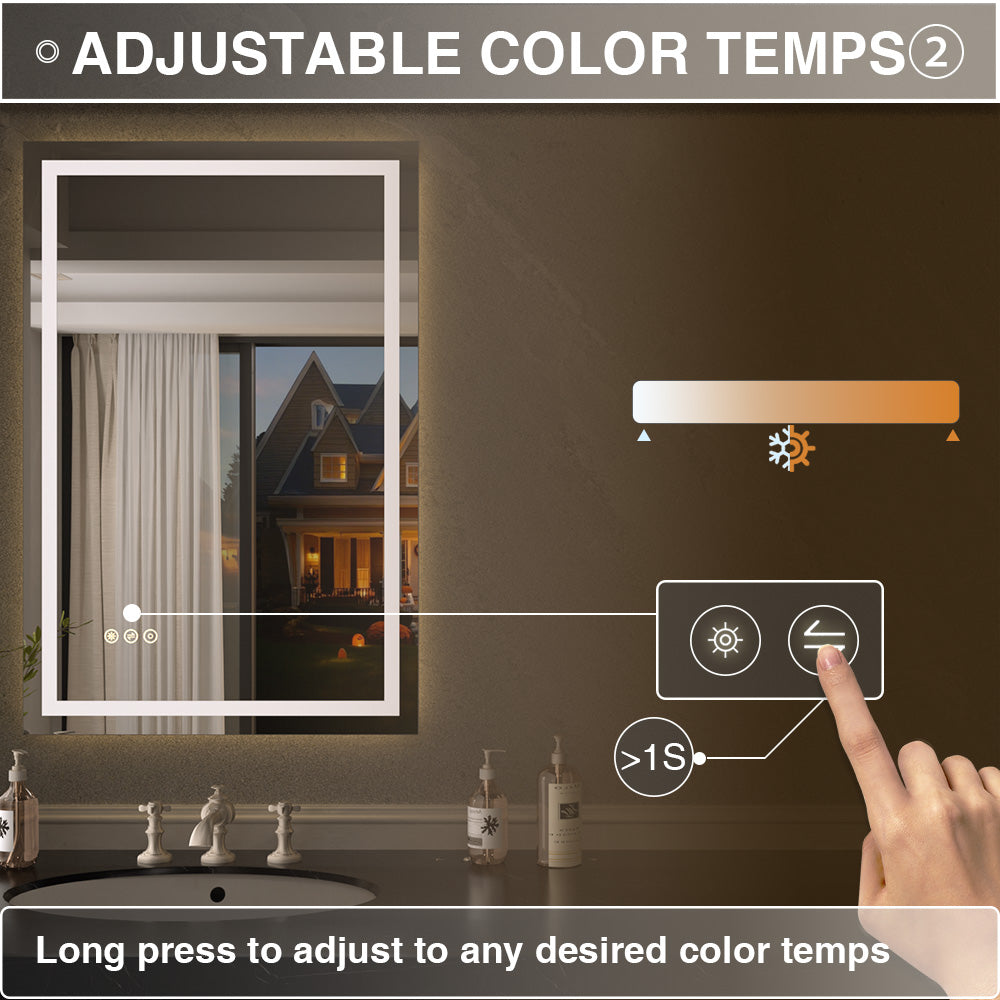 Flicker Rectangular Frameless Anti-Fog LED Light Dimmable Wall Bathroom Vanity Mirror in Polished Crystal