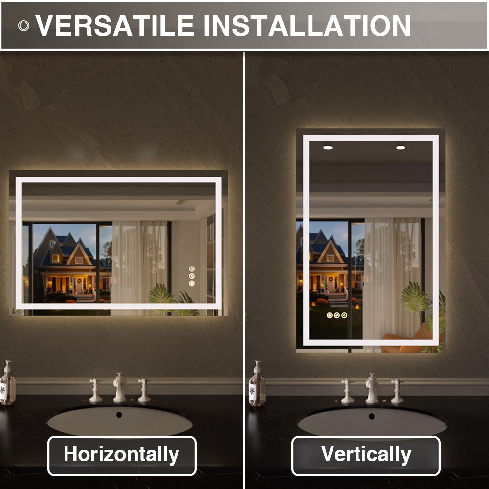 Flicker Rectangular Frameless Anti-Fog LED Light Dimmable Wall Bathroom Vanity Mirror in Polished Crystal