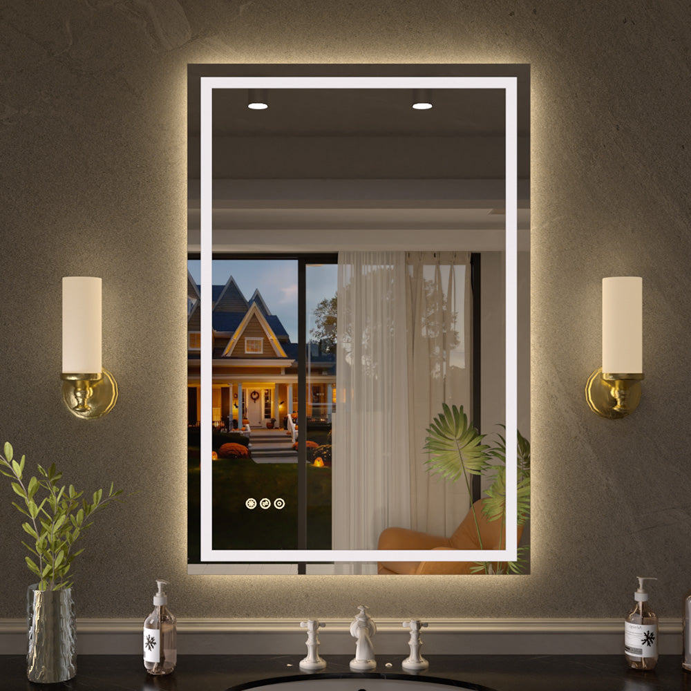 Flicker Rectangular Frameless Anti-Fog LED Light Dimmable Wall Bathroom Vanity Mirror in Polished Crystal