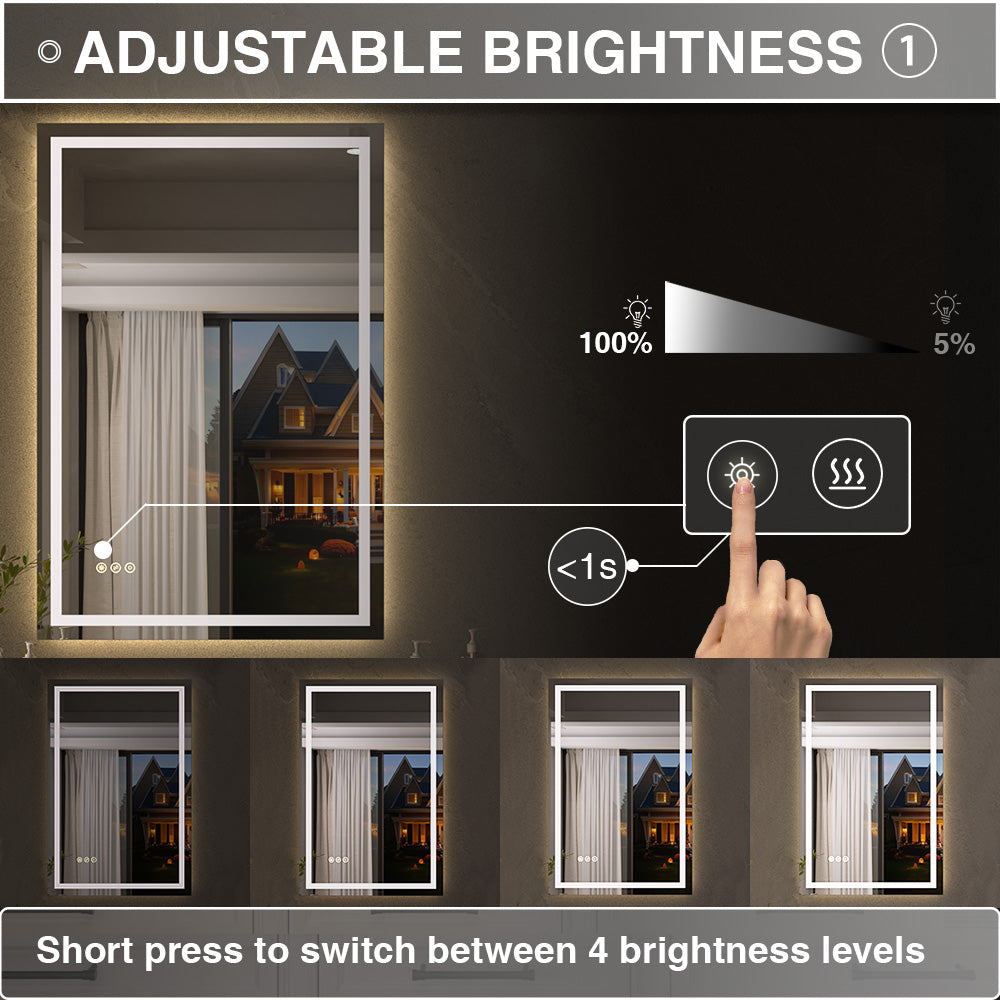 Flicker Rectangular Frameless Anti-Fog LED Light Dimmable Wall Bathroom Vanity Mirror in Polished Crystal