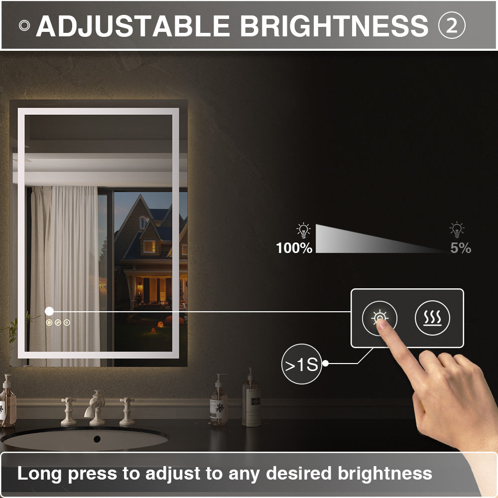 Flicker Rectangular Frameless Anti-Fog LED Light Dimmable Wall Bathroom Vanity Mirror in Polished Crystal
