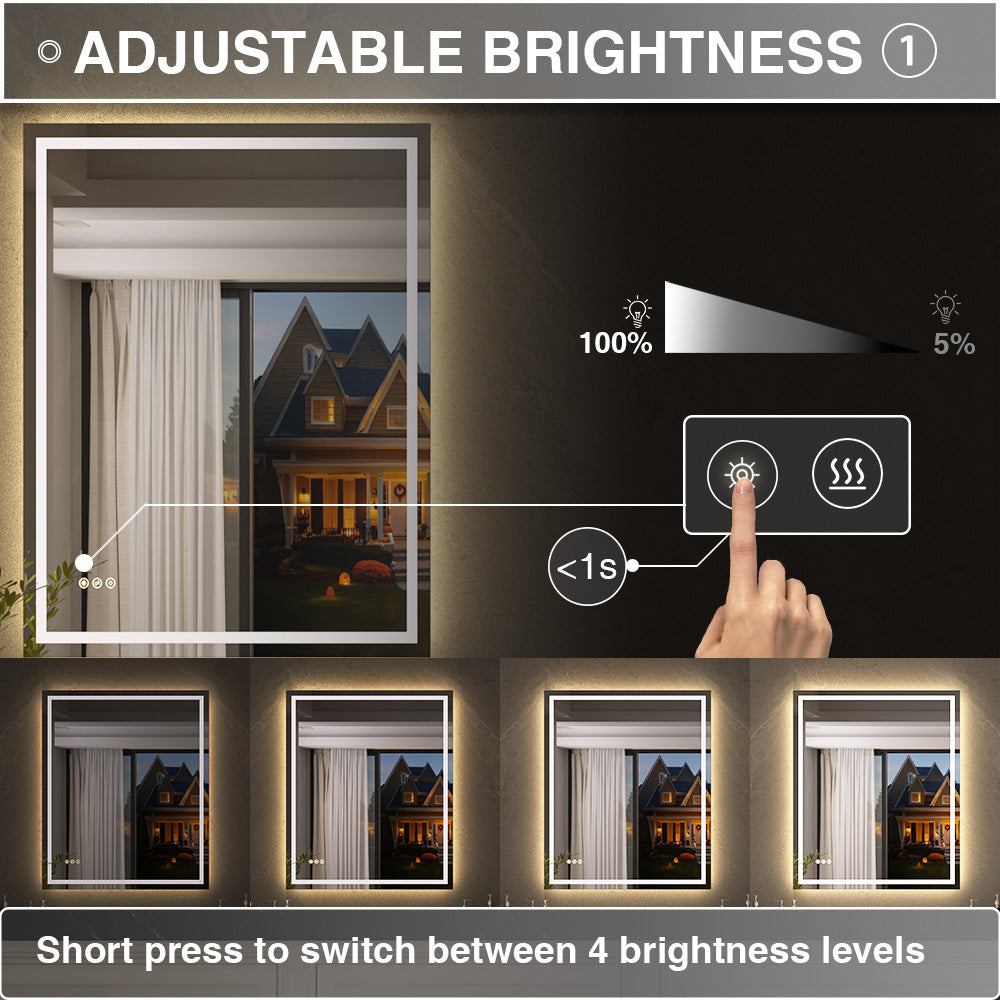 Flicker Rectangular Frameless Anti-Fog LED Light Dimmable Wall Bathroom Vanity Mirror in Polished Crystal