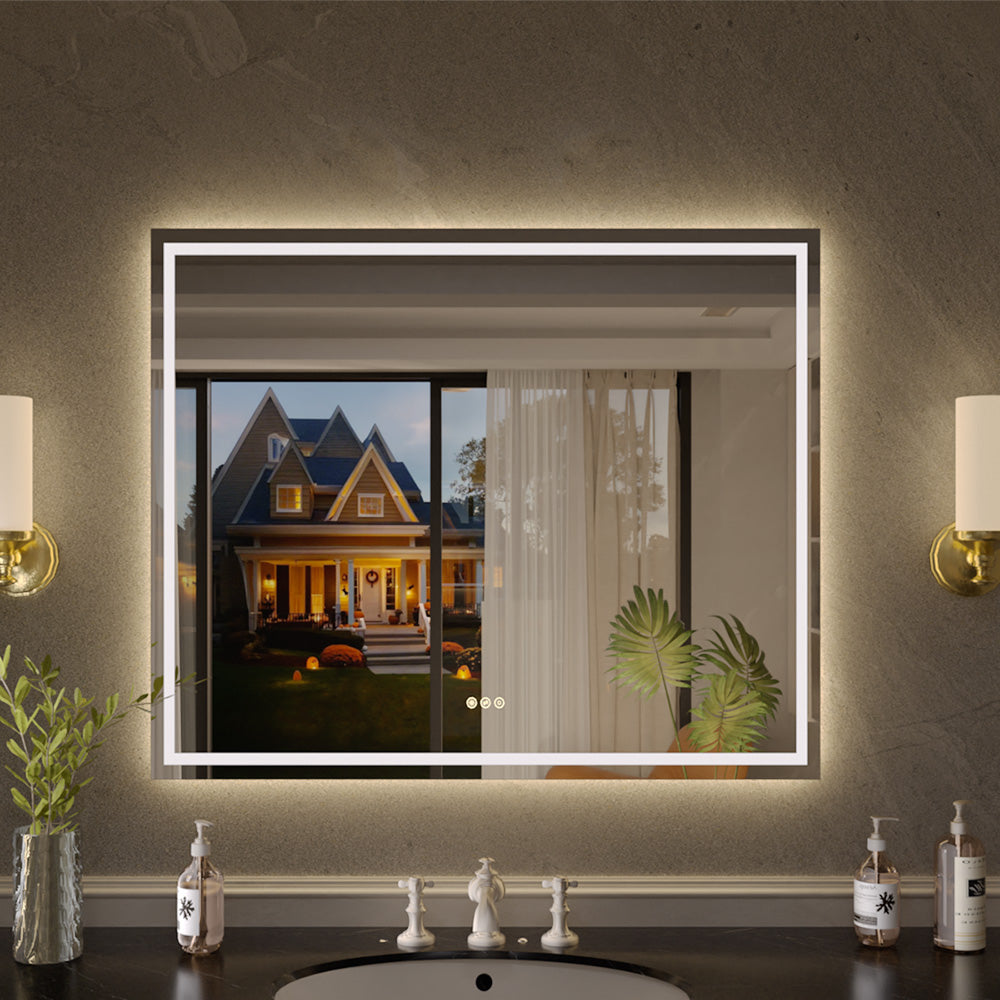 Flicker Rectangular Frameless Anti-Fog LED Light Dimmable Wall Bathroom Vanity Mirror in Polished Crystal
