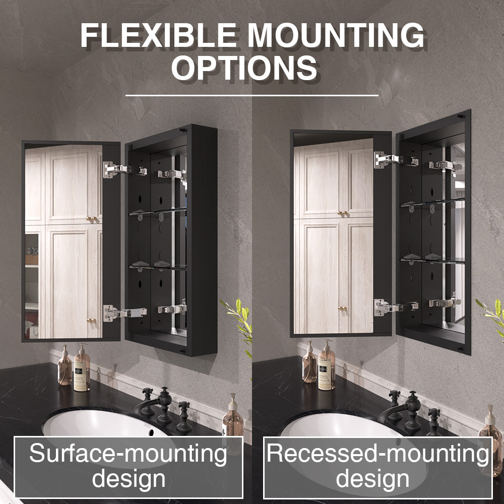 Keen Framless Recessed or Surface-Mount Rectangular Aluminum Medicine Cabinet with Mirror in Matte Black