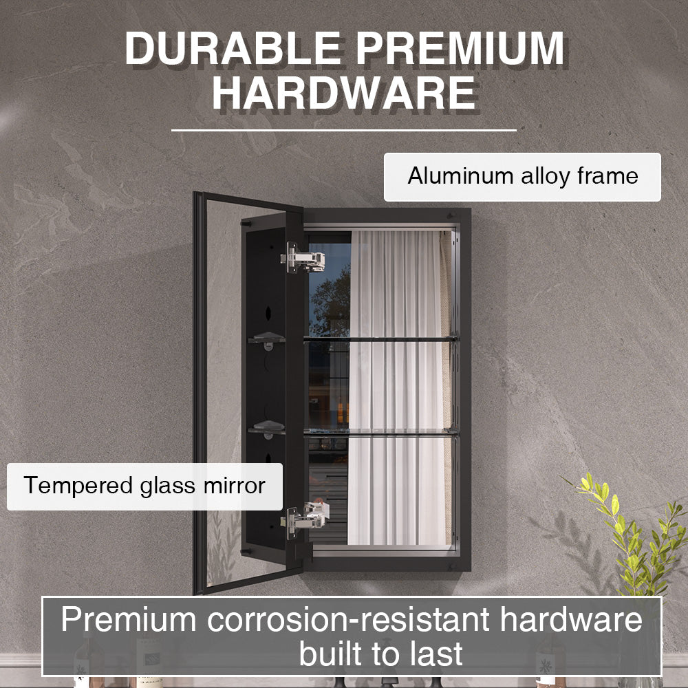 Keen Framless Recessed or Surface-Mount Rectangular Aluminum Medicine Cabinet with Mirror in Matte Black