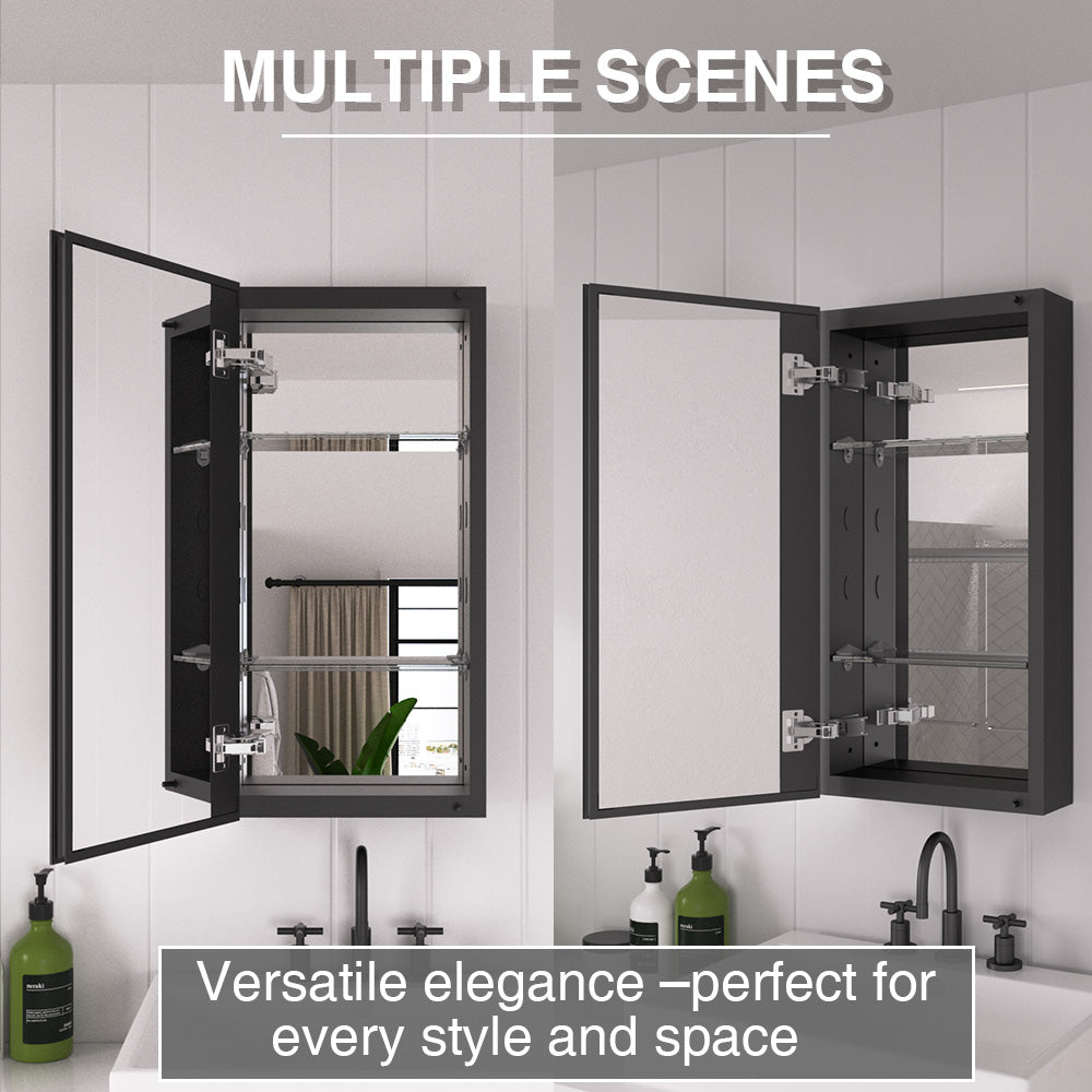 Keen Framless Recessed or Surface-Mount Rectangular Aluminum Medicine Cabinet with Mirror in Matte Black