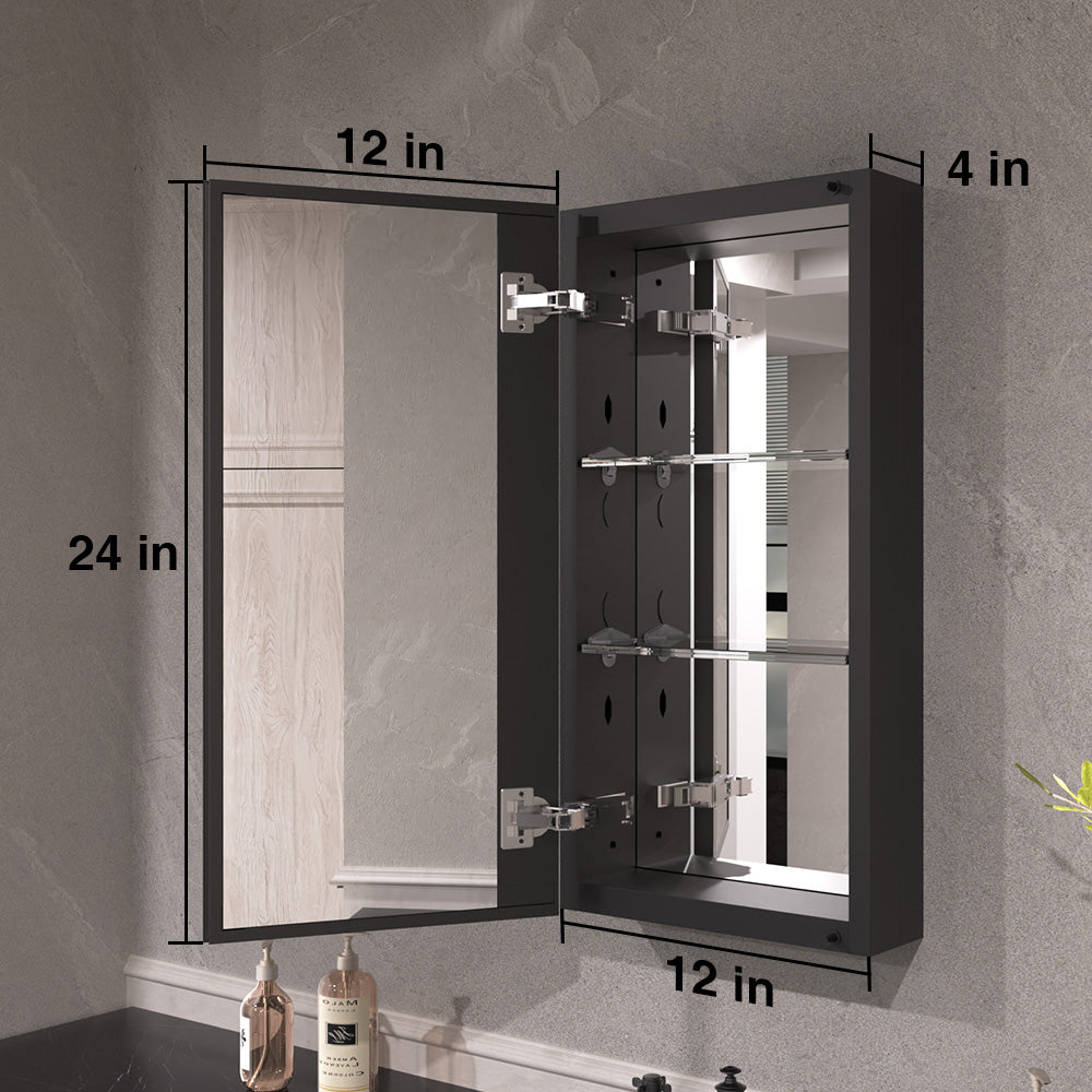 Keen Framless Recessed or Surface-Mount Rectangular Aluminum Medicine Cabinet with Mirror in Matte Black