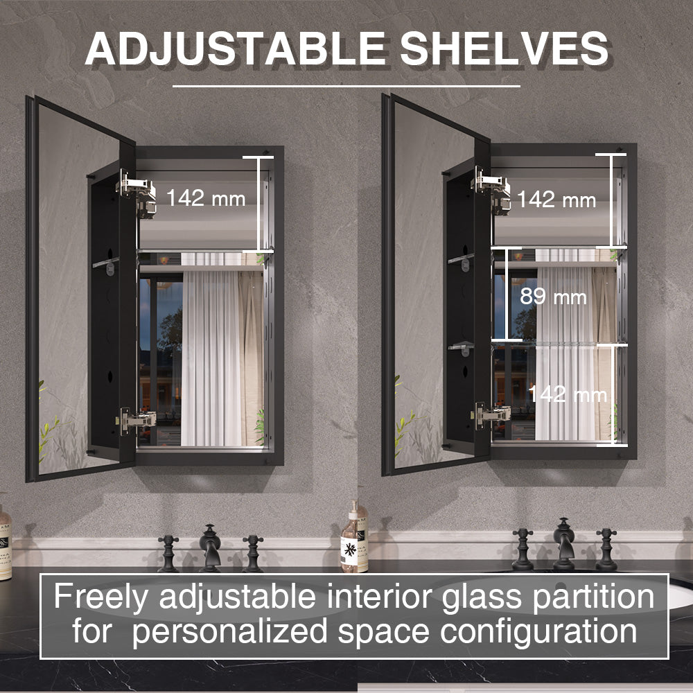 Keen Framless Recessed or Surface-Mount Rectangular Aluminum Medicine Cabinet with Mirror in Matte Black