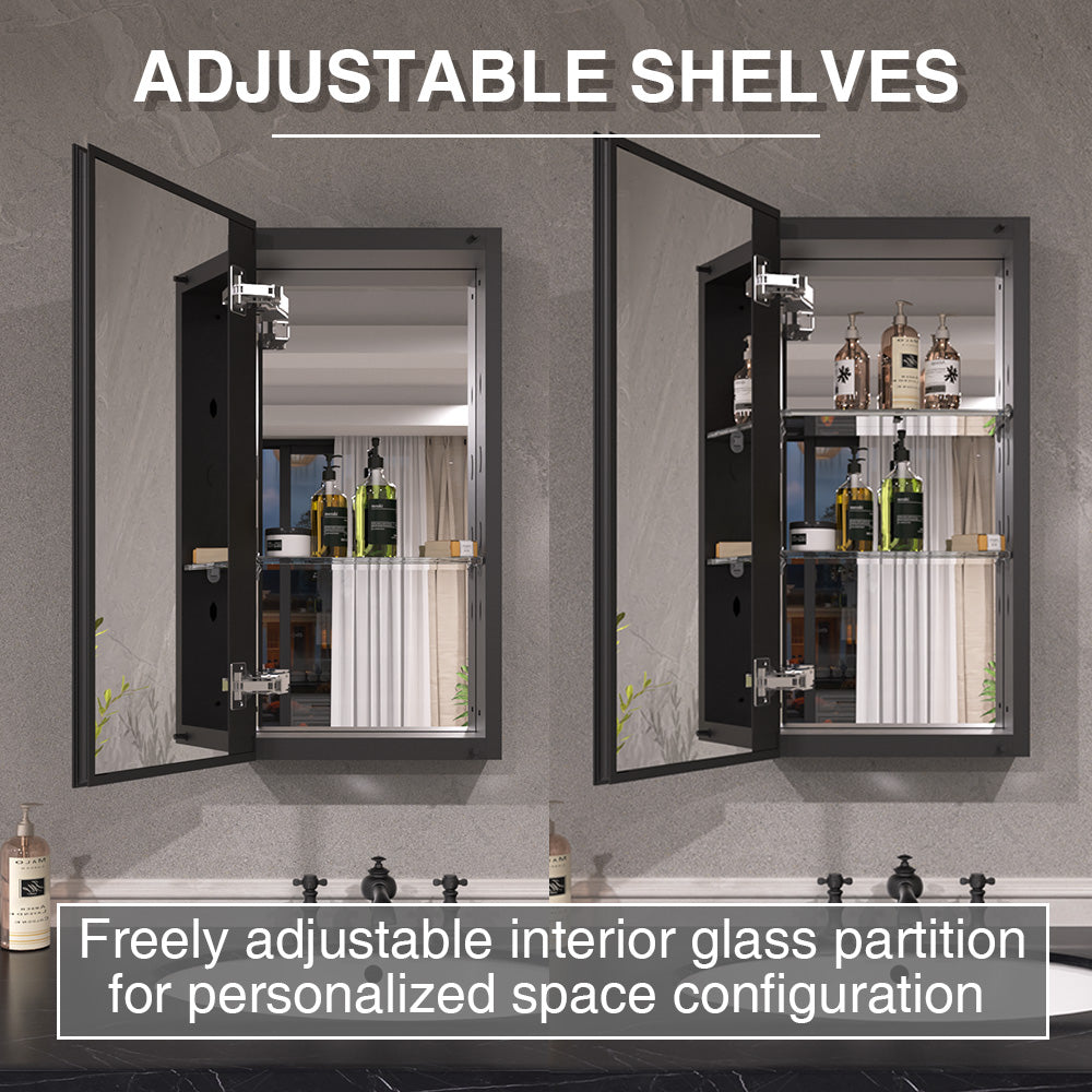 Keen Framless Recessed or Surface-Mount Rectangular Aluminum Medicine Cabinet with Mirror in Matte Black