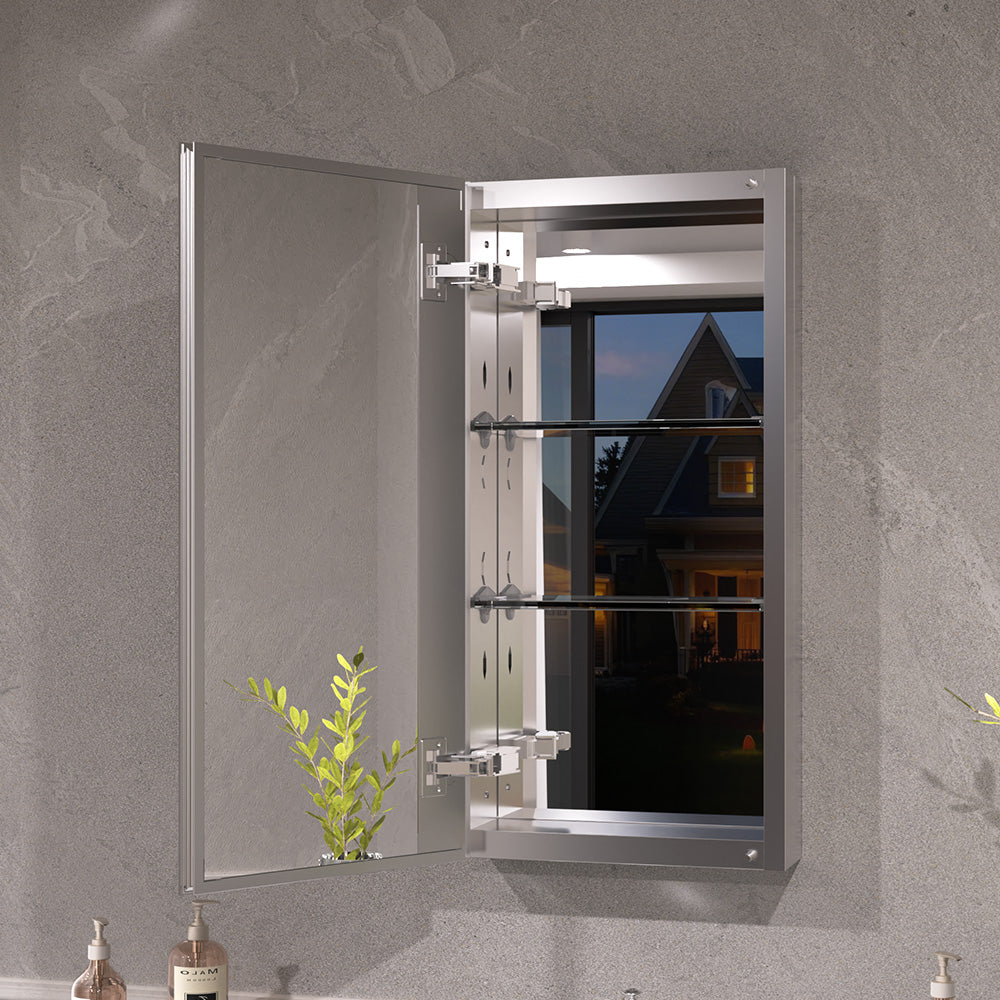 Keen Framless Recessed or Surface-Mount Rectangular Aluminum Medicine Cabinet with Mirror in Silver