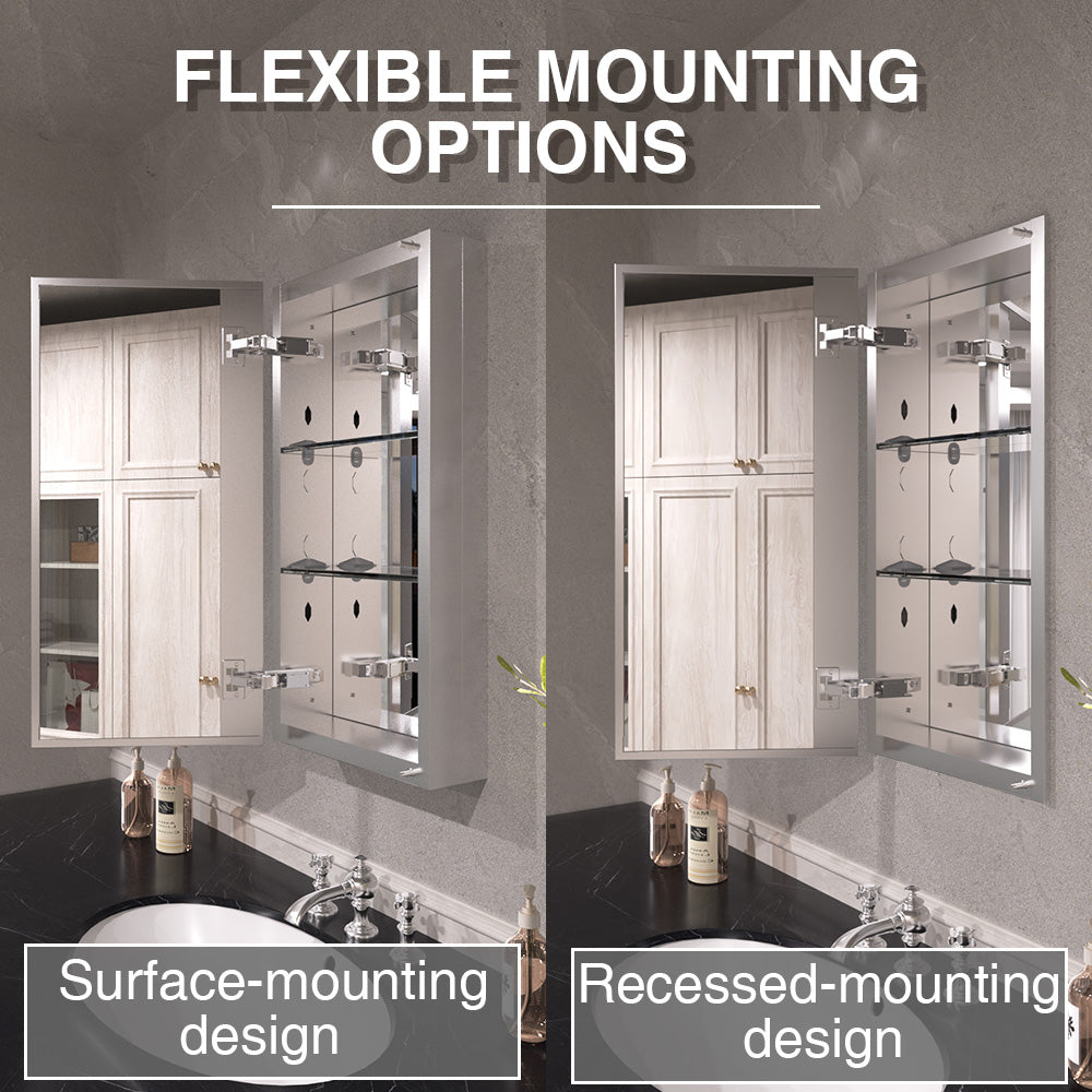 Keen Framless Recessed or Surface-Mount Rectangular Aluminum Medicine Cabinet with Mirror in Silver