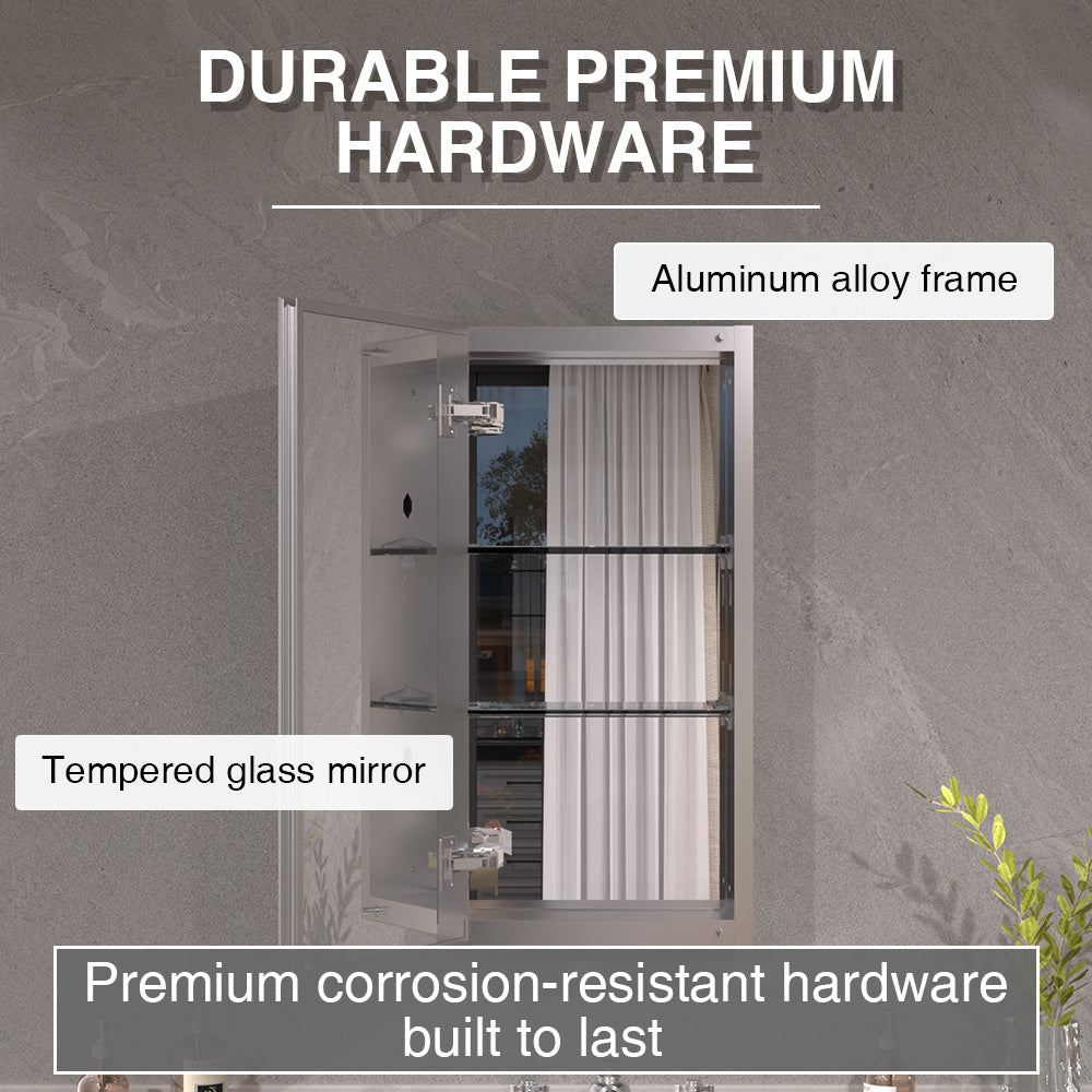 Keen Framless Recessed or Surface-Mount Rectangular Aluminum Medicine Cabinet with Mirror in Silver