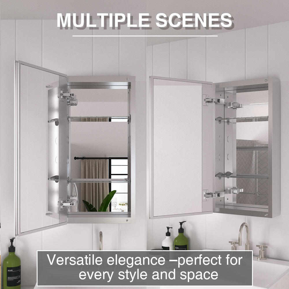 Keen Framless Recessed or Surface-Mount Rectangular Aluminum Medicine Cabinet with Mirror in Silver