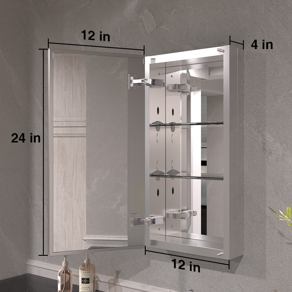 Keen Framless Recessed or Surface-Mount Rectangular Aluminum Medicine Cabinet with Mirror in Silver