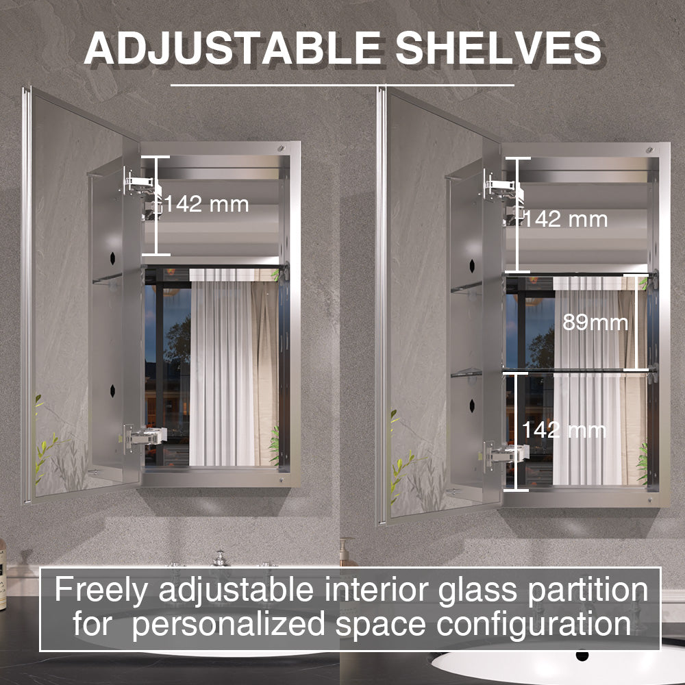 Keen Framless Recessed or Surface-Mount Rectangular Aluminum Medicine Cabinet with Mirror in Silver