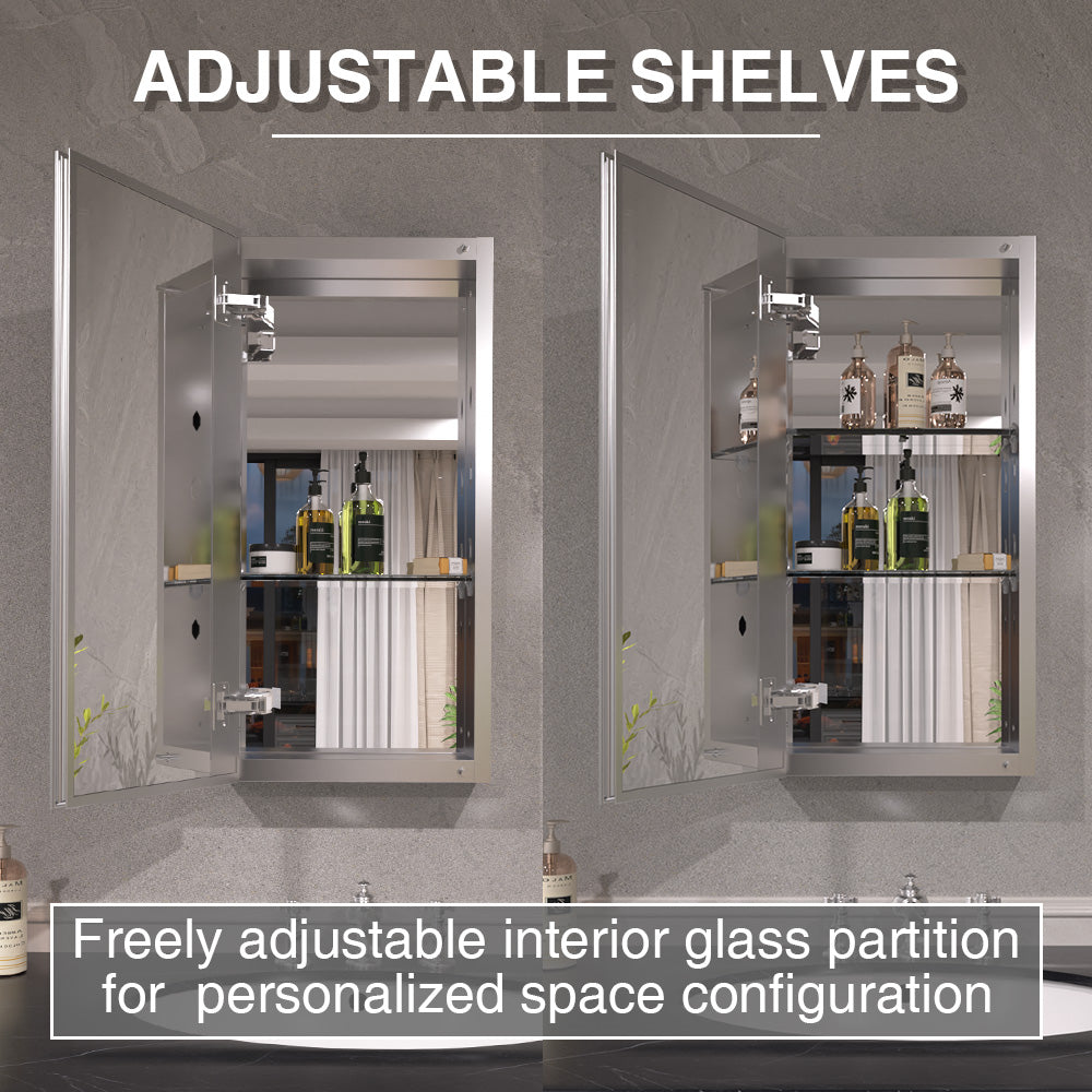 Keen Framless Recessed or Surface-Mount Rectangular Aluminum Medicine Cabinet with Mirror in Silver