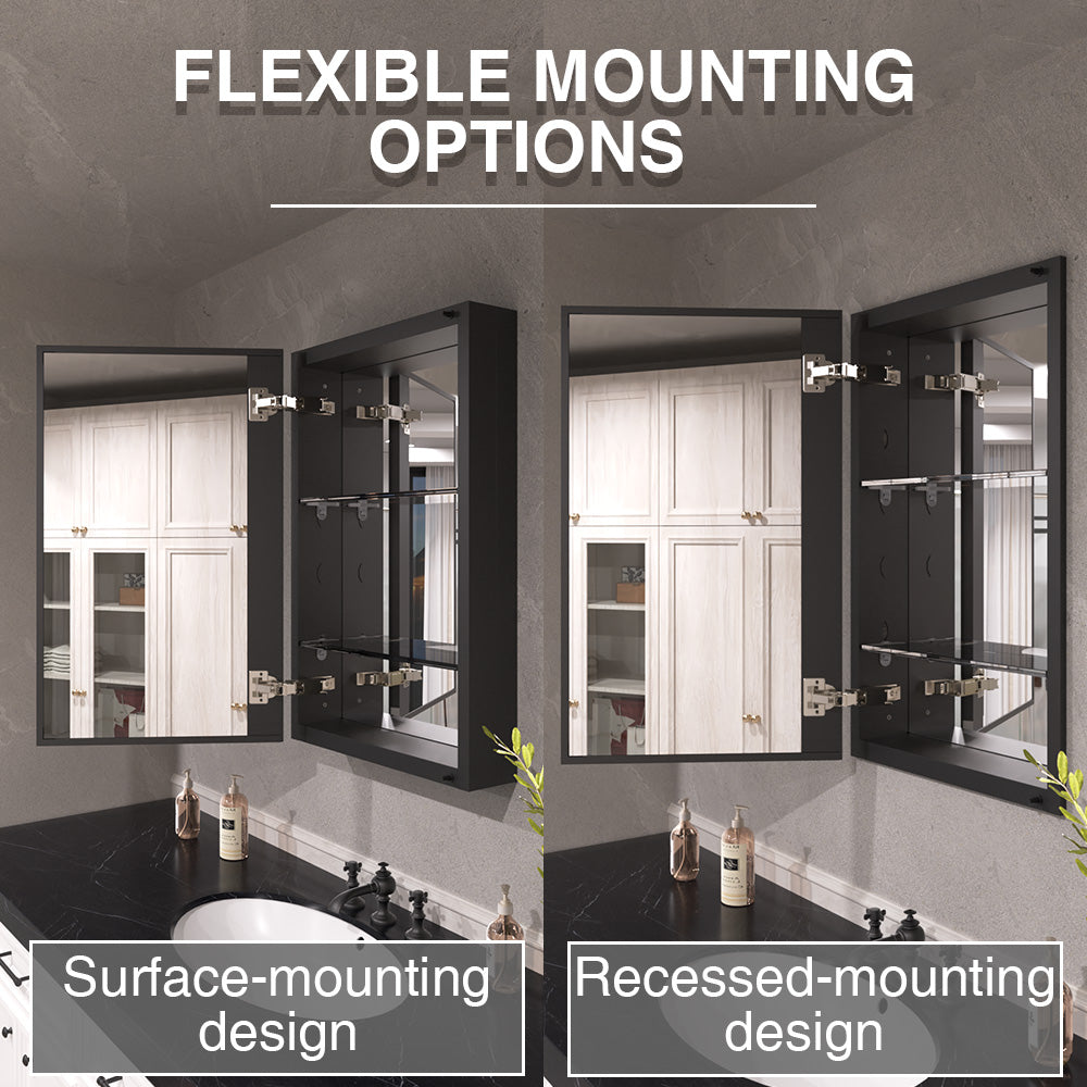 Keen Framless Recessed or Surface-Mount Rectangular Aluminum Medicine Cabinet with Mirror in Matte Black
