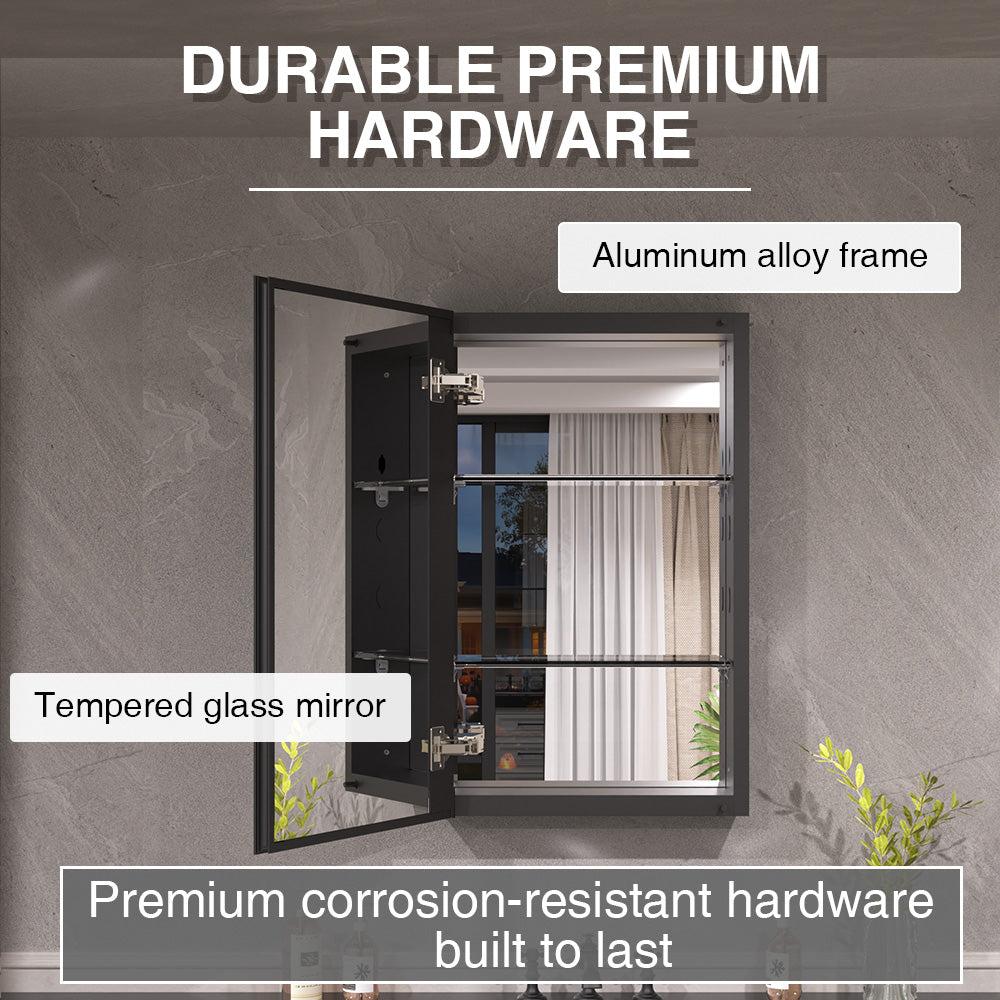 Keen Framless Recessed or Surface-Mount Rectangular Aluminum Medicine Cabinet with Mirror in Matte Black