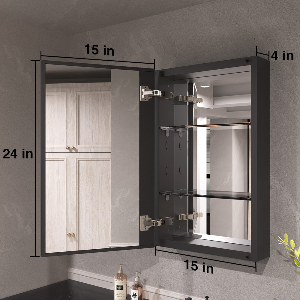 Keen Framless Recessed or Surface-Mount Rectangular Aluminum Medicine Cabinet with Mirror in Matte Black