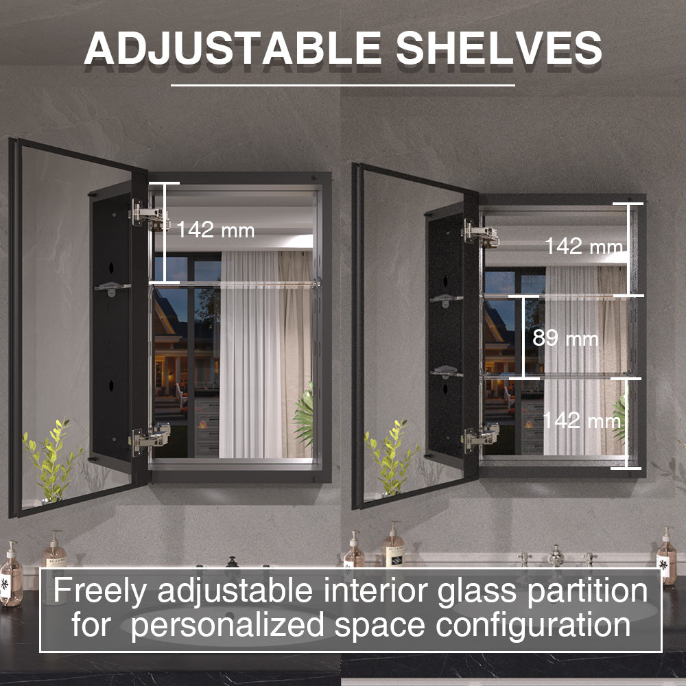Keen Framless Recessed or Surface-Mount Rectangular Aluminum Medicine Cabinet with Mirror in Matte Black