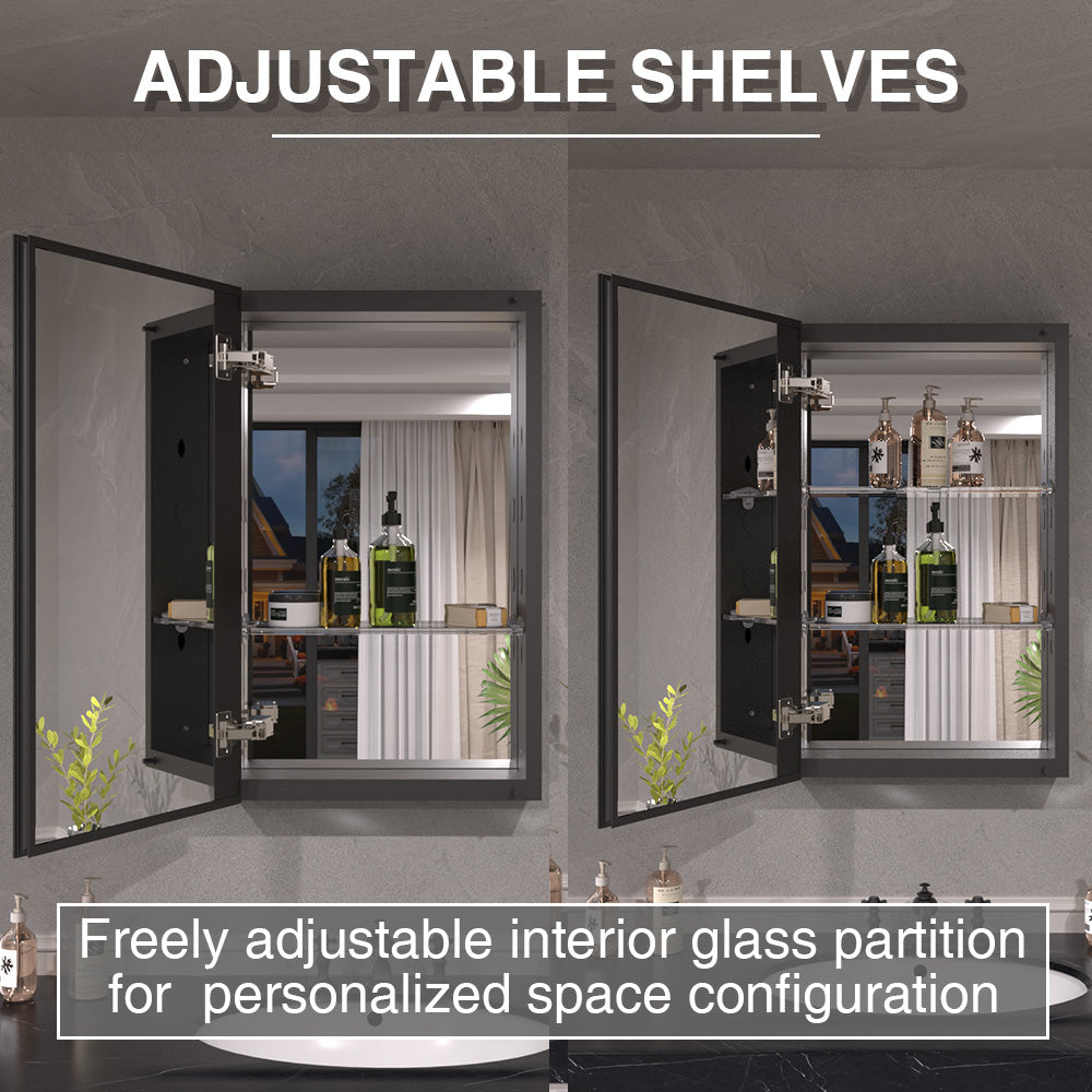 Keen Framless Recessed or Surface-Mount Rectangular Aluminum Medicine Cabinet with Mirror in Matte Black