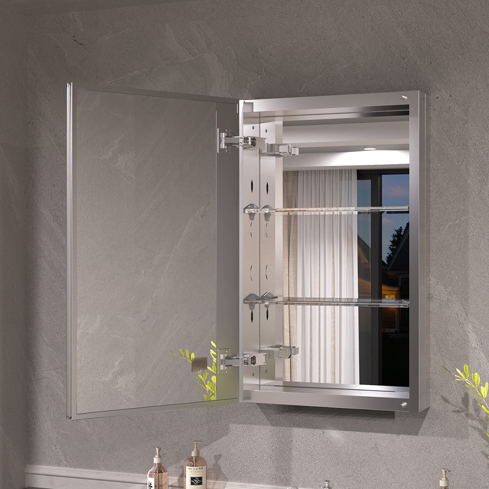 Keen Framless Recessed or Surface-Mount Rectangular Aluminum Medicine Cabinet with Mirror in Silver