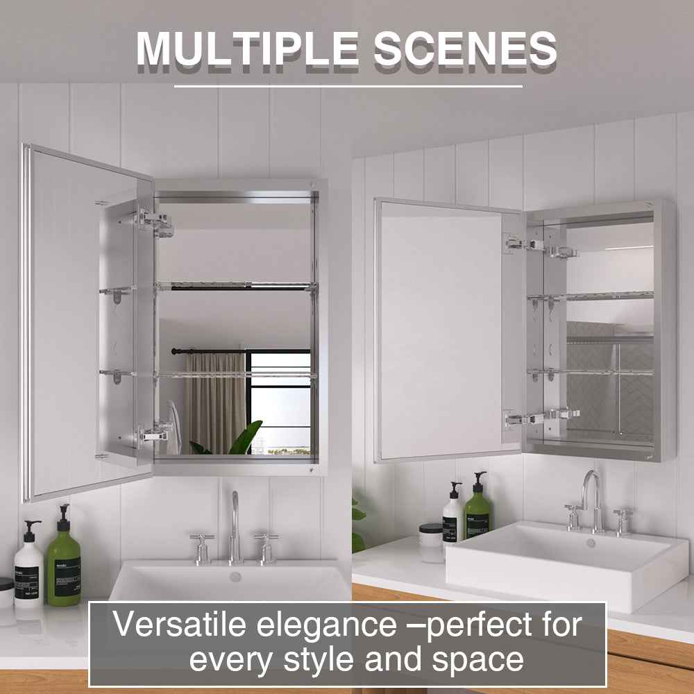 Keen Framless Recessed or Surface-Mount Rectangular Aluminum Medicine Cabinet with Mirror in Silver