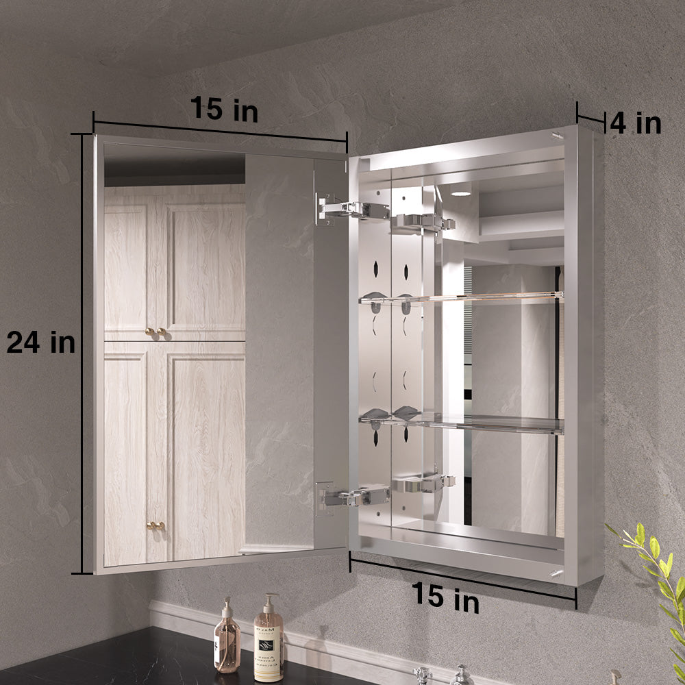 Keen Framless Recessed or Surface-Mount Rectangular Aluminum Medicine Cabinet with Mirror in Silver