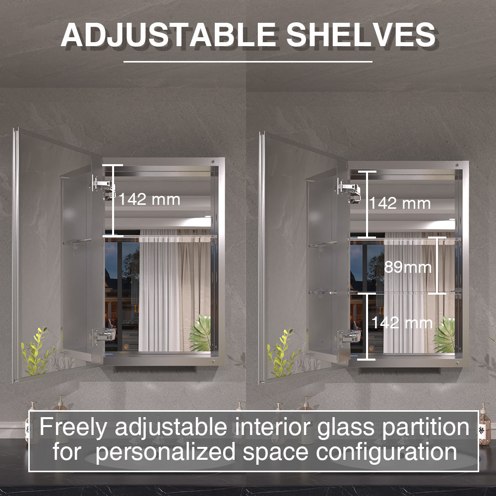 Keen Framless Recessed or Surface-Mount Rectangular Aluminum Medicine Cabinet with Mirror in Silver