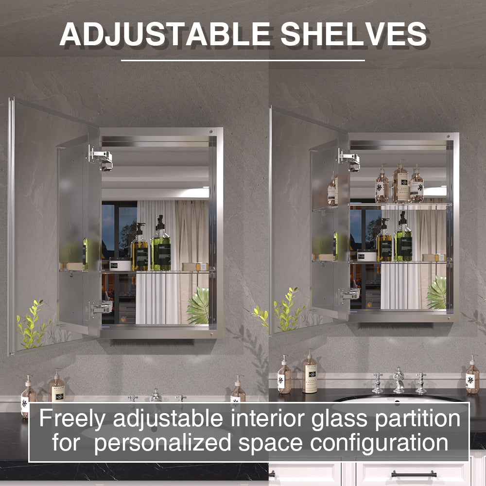 Keen Framless Recessed or Surface-Mount Rectangular Aluminum Medicine Cabinet with Mirror in Silver