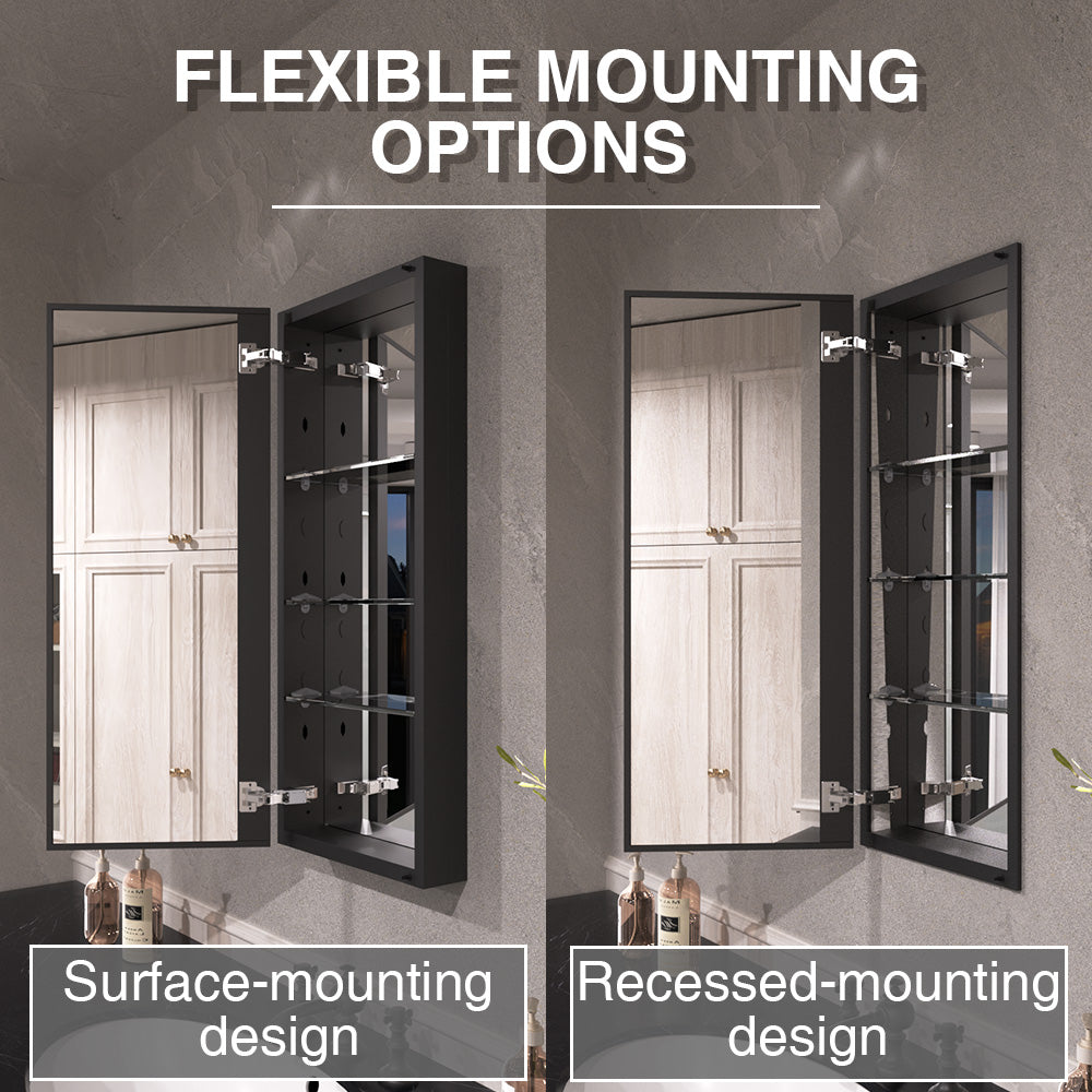 Keen Framless Recessed or Surface-Mount Rectangular Aluminum Medicine Cabinet with Mirror in Matte Black