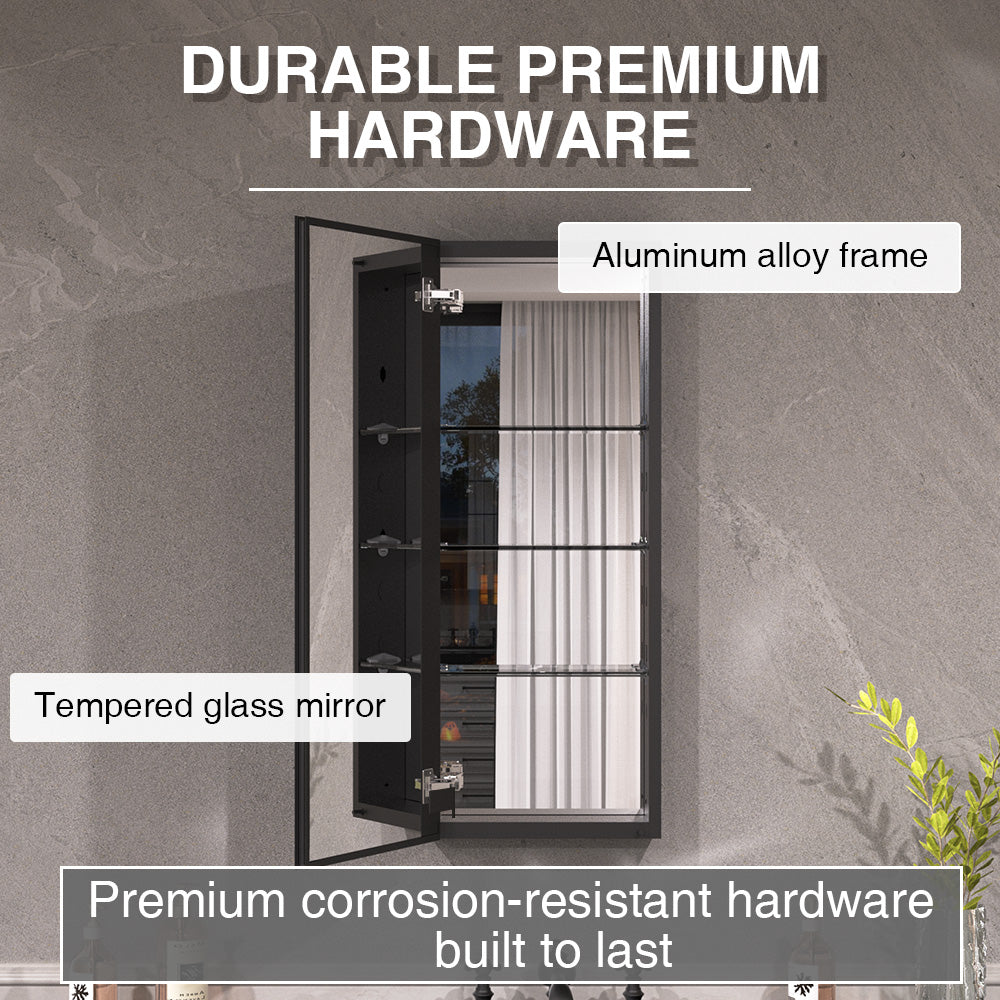 Keen Framless Recessed or Surface-Mount Rectangular Aluminum Medicine Cabinet with Mirror in Matte Black
