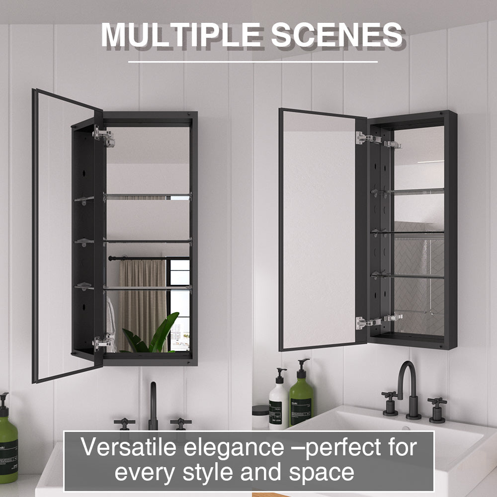 Keen Framless Recessed or Surface-Mount Rectangular Aluminum Medicine Cabinet with Mirror in Matte Black
