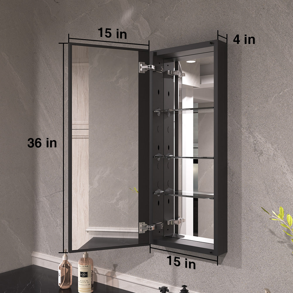 Keen Framless Recessed or Surface-Mount Rectangular Aluminum Medicine Cabinet with Mirror in Matte Black